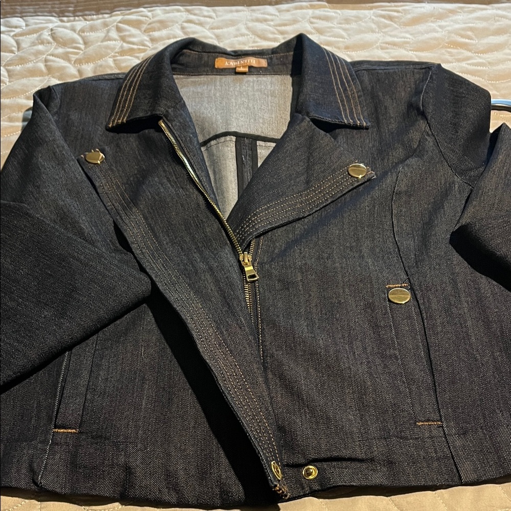 Ellen Tracy Dark Blue Denim Jacket with Gold Accents